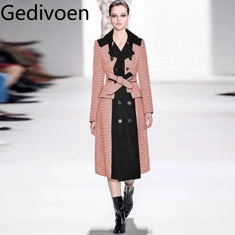 Gedivoen Women's Elegant Commuter Coat Autumn and Winter Notched Lace-Up Color Block Patchwork Double-breasted Overcoat