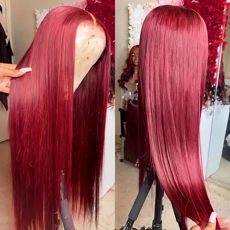 99j borgonha em linha reta frente do laço peruca de cabelo humano vietnamita ombre vermelho colorido perucas para as mulheres 13x4 peruca frontal do laço transparente