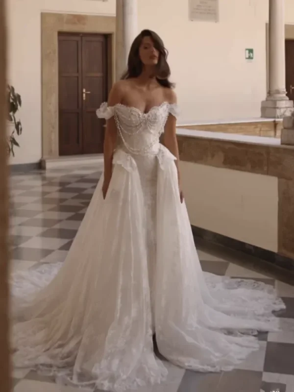 Fashionable Mermaid Lace Decal With Pearl Women's Wedding Dress Sexy Sweetheart Backless Detachable Ball Bride Dress Customized