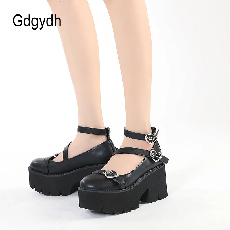 Gdgydh Platform Lolita Shoes On Chunky Heels Spring Cross Bandage Women Mary Jane Shoes Kawaii Cospaly Heart Buckle Big Size