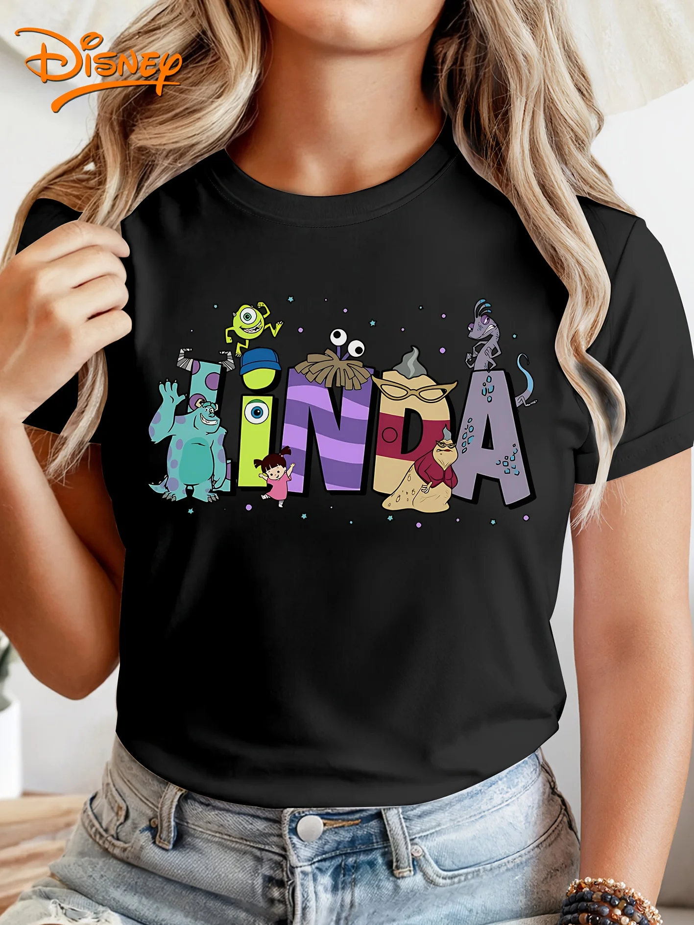 تي شيرت نسائي من Disney Monster Sullivan&Mike Wazowski LINDA مطبوع عليه حروف صيفية برقبة دائرية كاجوال
