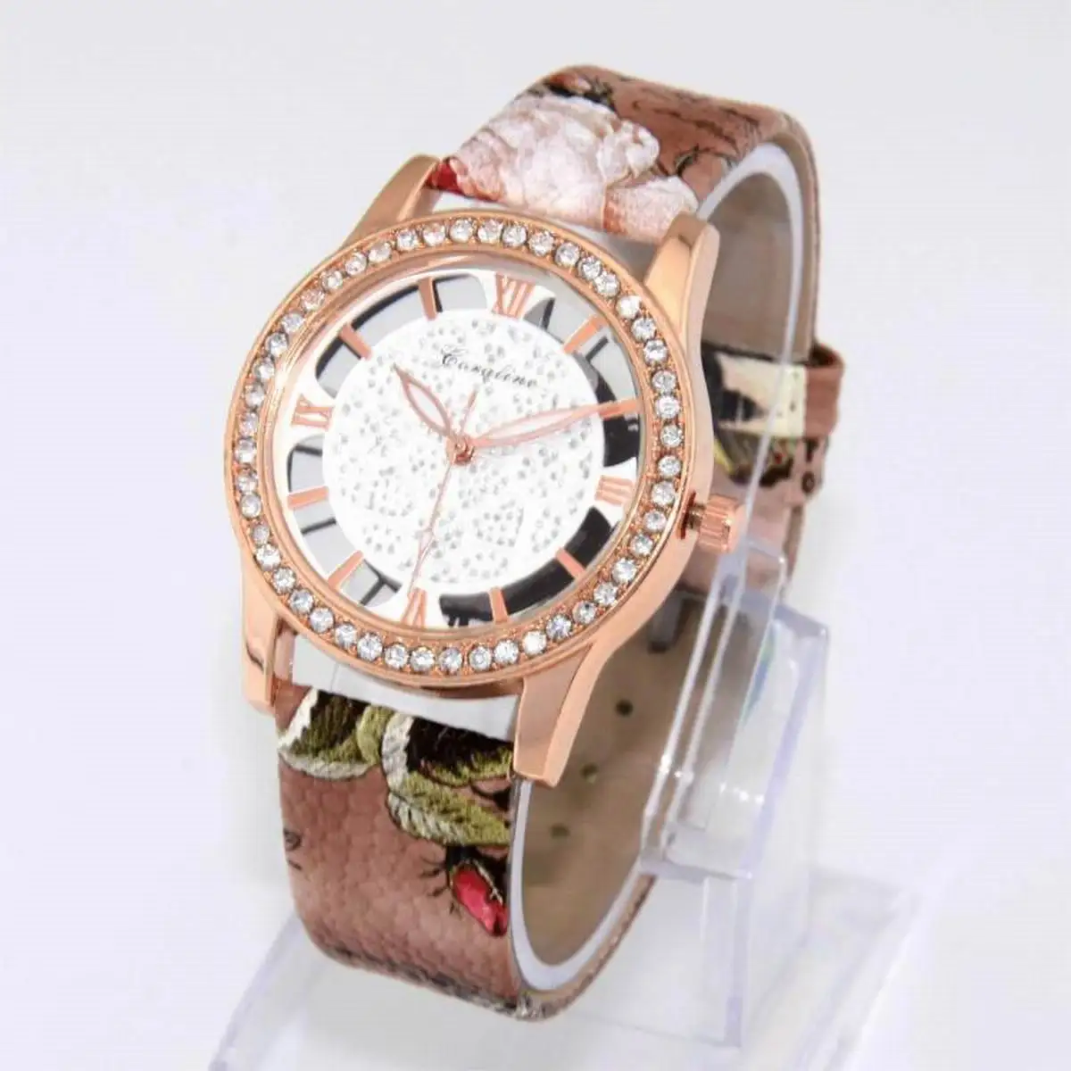 

Printed Strap Rose Gold Hollow Dial Roman Numerals Leather Strap Women Quartz Dress Watches