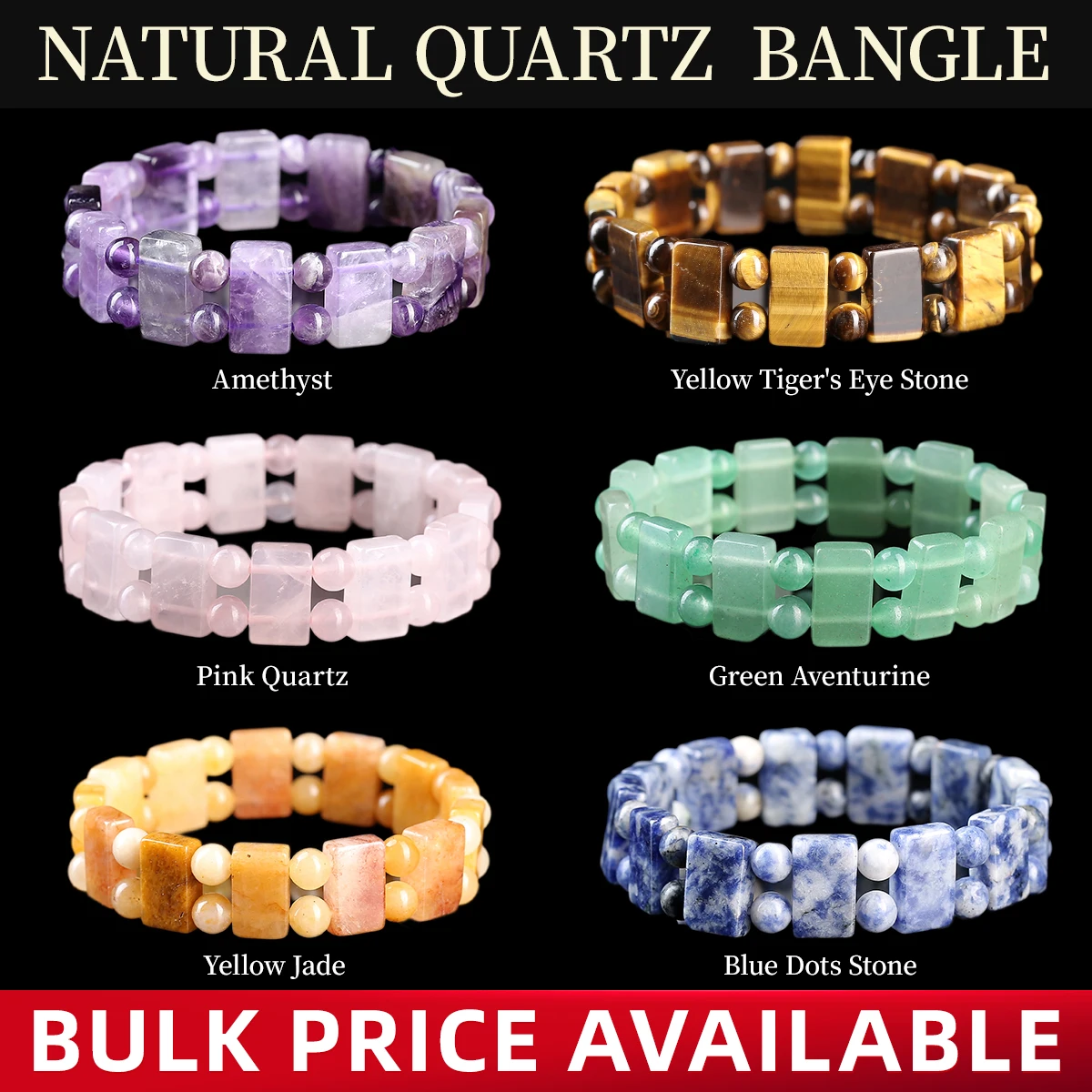 

JD 9x15mm Natural Stone Amethyst Yellow Tiger's Eye Square Beads Bangle Charms Yoga Men Women Meditation Amulet Wrist Bracelet