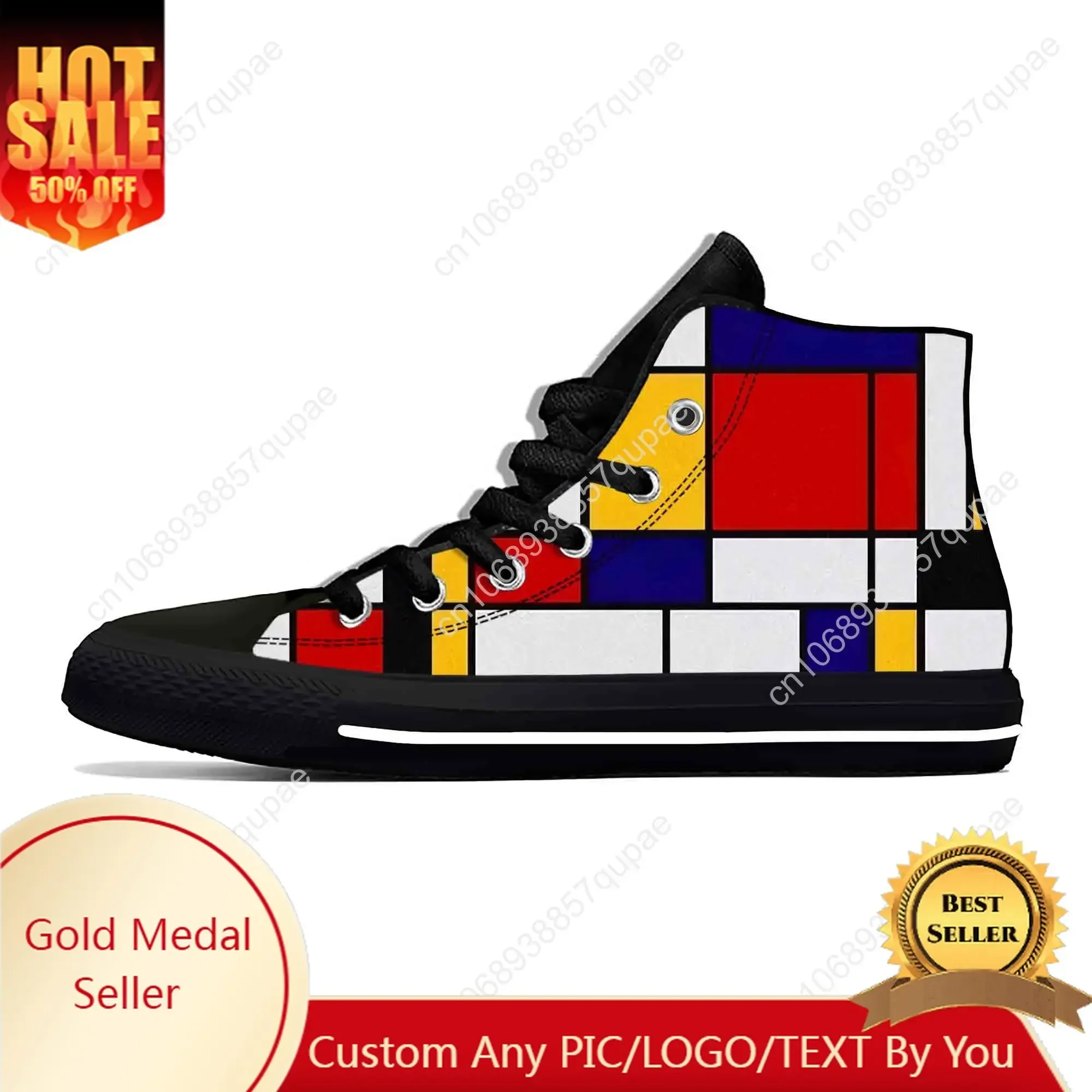 Piet Mondrian Abstract Geometric Pattern Painting Casual Cloth Shoes High Top Comfortable Breathable 3D Print Men Women Sneakers