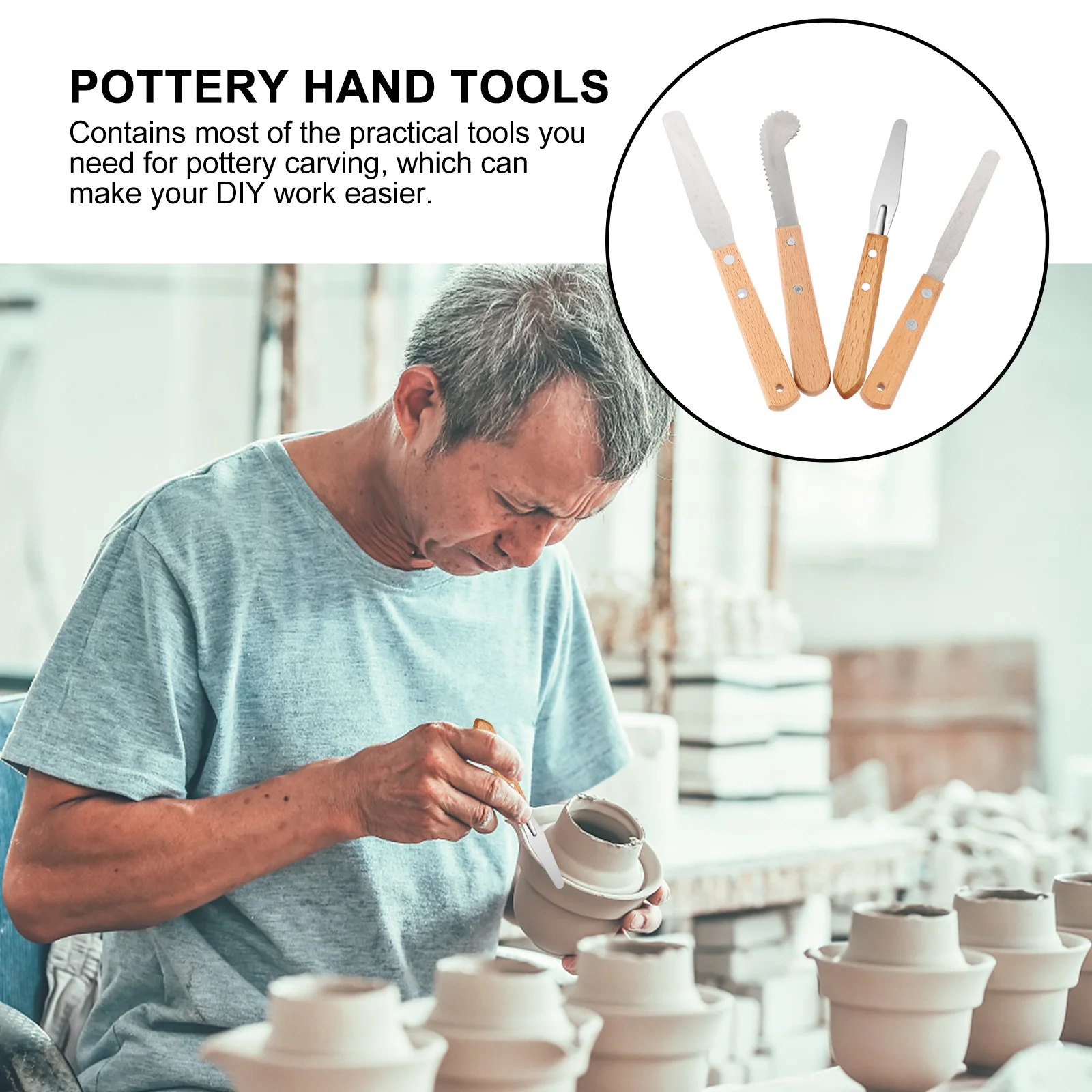 

4Pcs Paletting Cutter Wooden Handle Stainless Steel Blades Clay Sculpting Pottery Tool Carving Modeling Craft Art Tool