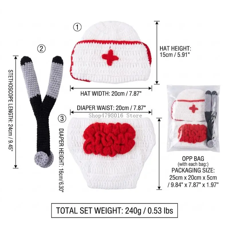Newborn Nurse Photography Outfit and Prop Set for 0-3 Months, Yarn Cap, Diaper Cover, and Stethoscope-Shaped Accent for Keepsake