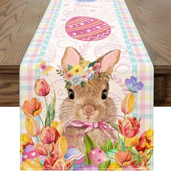 Easter Bunny Eggs Buffalo Plaid Linen Table Runner Table Decor Reusable Kitchen Dining Table Runners for Easter Home Party Decor