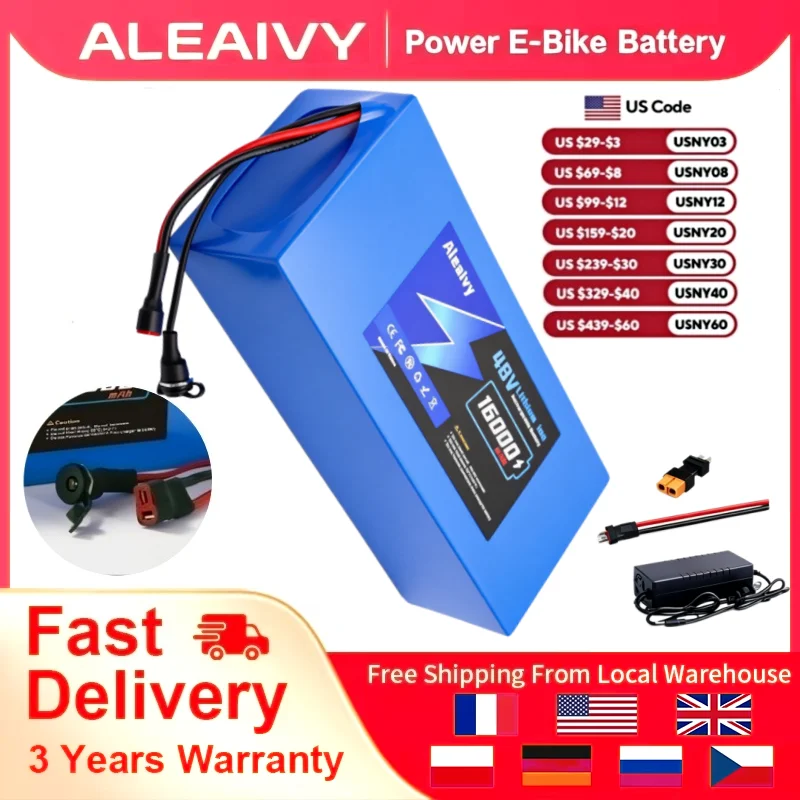 Brand+Genuine Aleaivy 48V 16Ah 16000mAh 18650 13S5P Lithium Battery With 30A BMS 500-1000W For 48V E-Scooter Li-ion Battery Pack