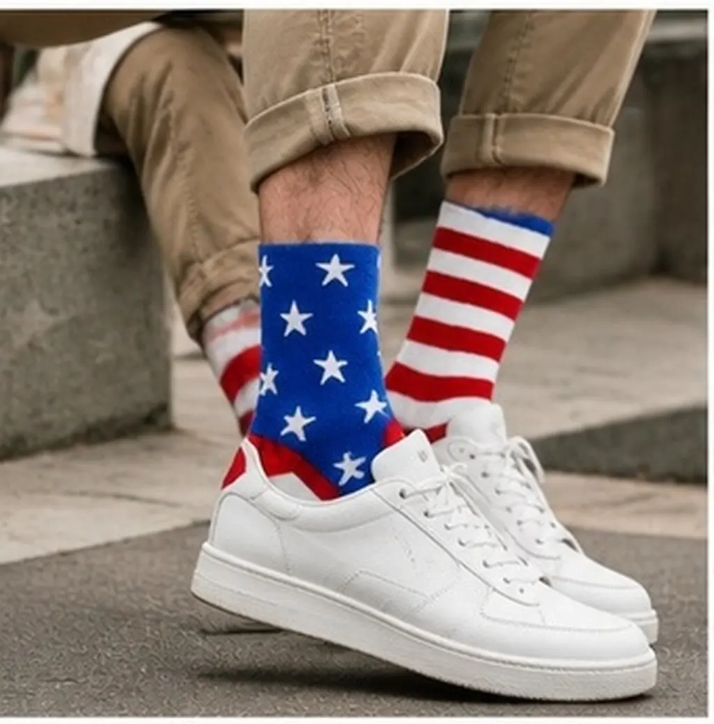 1Pair Patriotic American Flag Socks for Men Independence Day 4Th July Mid-Calf Stripe Design Breathable Comfort Long Socks