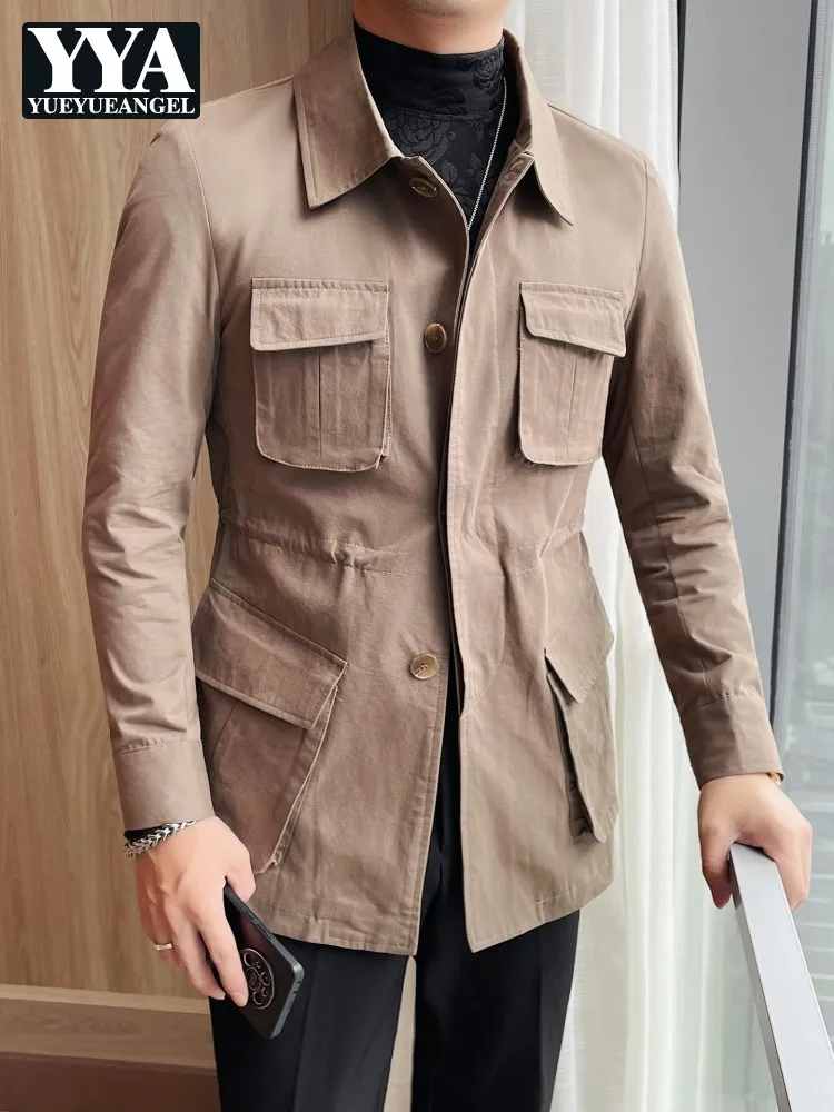 Autumn Vintage Mens Slim Fit Multi Pockets Jacket Business Casual Work Coat British Style Single Breasted Office Man Outerwear