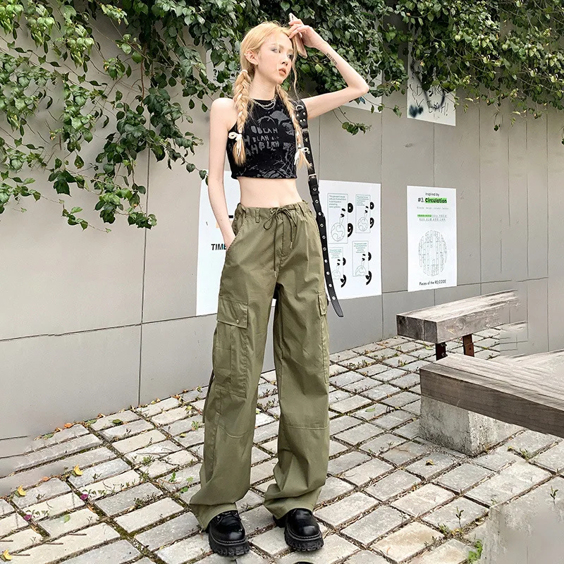 

American Drawstring Design Wide Leg Cargo Pants for Women Spring and Autumn 2023