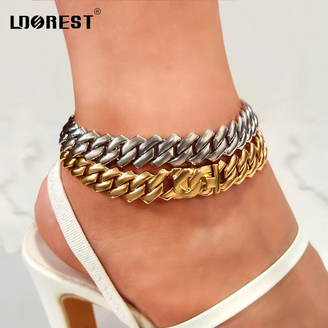 Summer 14MM Chunky Cuban Anklet For Women Gold plated Rhombus Cuban Link Chain Anklets Beach Sandals Jewelry New AliExpress