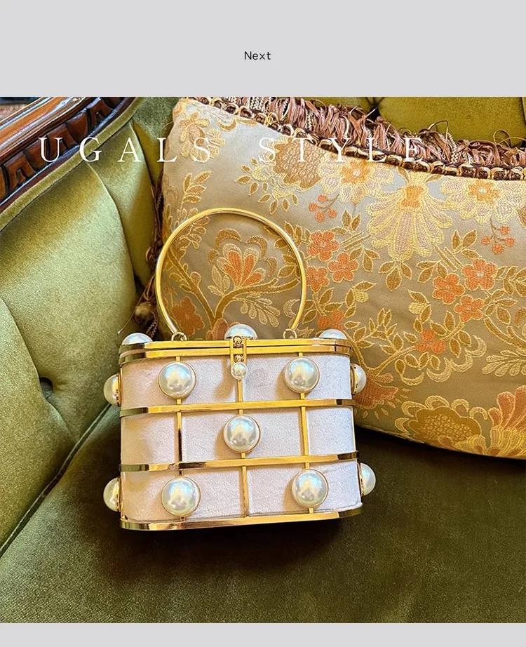 Pearl Beaded Hollow Out Metal Cage High Quality Women Handbag Fashion Luxury Designer Evening Bag Wedding Party Clutch Purse