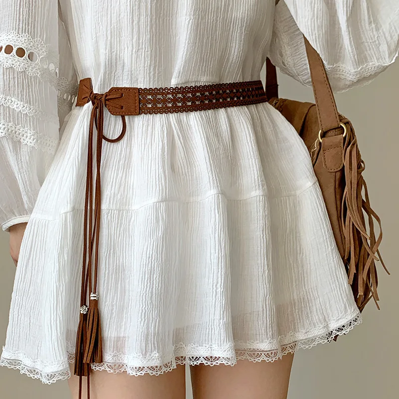 Braided Wide Belt for Women Fringe Decor Coffee Beige Khaki Boho Style Dress Accessory Belt