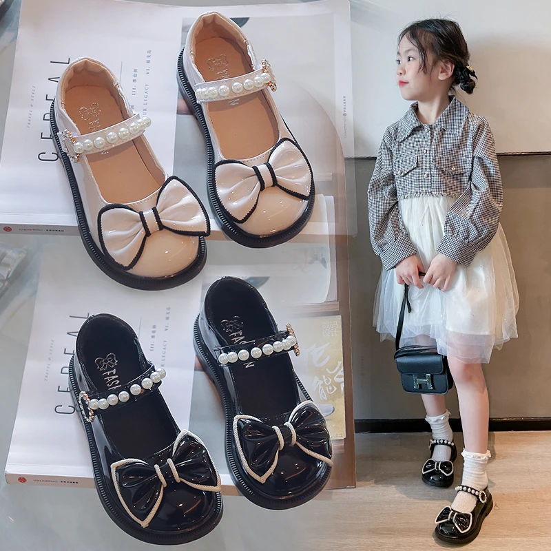 2026 Girls' Shoes Spring Girls' Bow Leather Shoes Princess Style Classic Simple Design Beautiful and Practical Leather Shoes