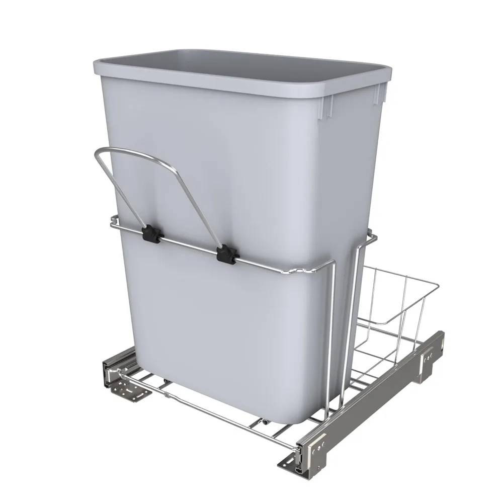 

Rev-A-Shelf 32 Qt Pullout Kitchen Cabinet Metal Wire Sliding Universal Trash Can with Rear Basket for Waste Disposal and Organiz