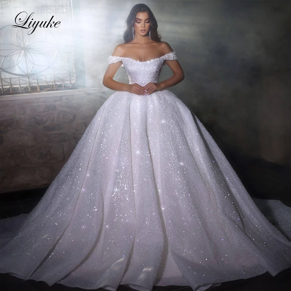 Liyuke Luxus Bling Perlen Perlen Stickerei Spitze von der Schulter Prinzessin Ballkleid Brautkleider