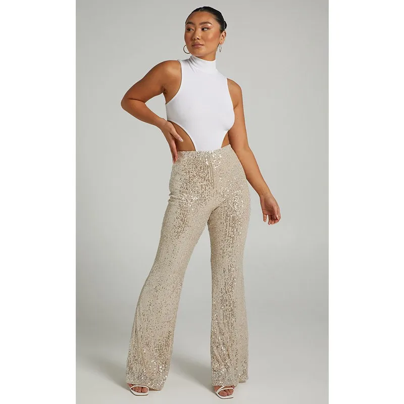 Women Casual High Waist Pants Sequined Long Trousers Metallic Gold Wide Leg Pants Iridescent Green Full Length White Sequin