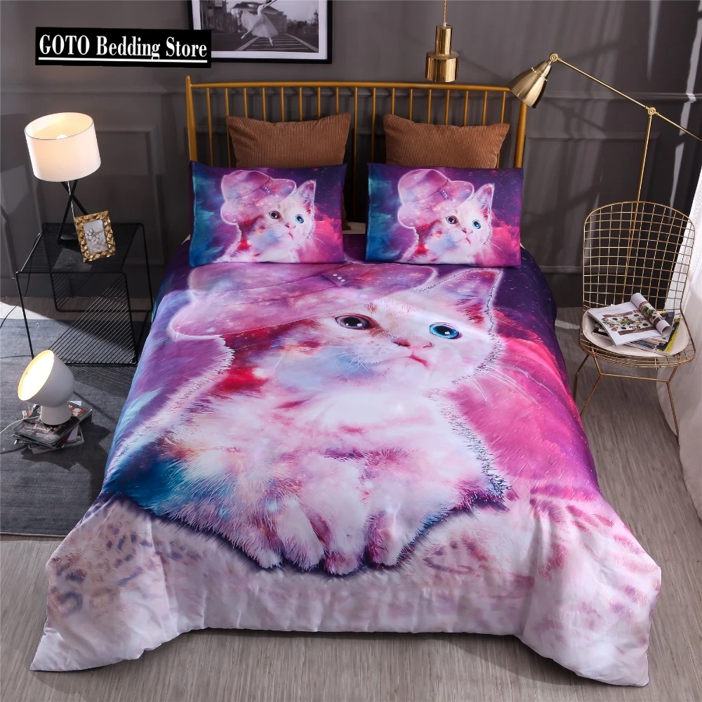 Cute Pink Cat Comforter Sets with Pillowcover,Print Bed Linen Set,Twin,Full,Single Cartoon,Animal Pattern for Kids,Home Textiles