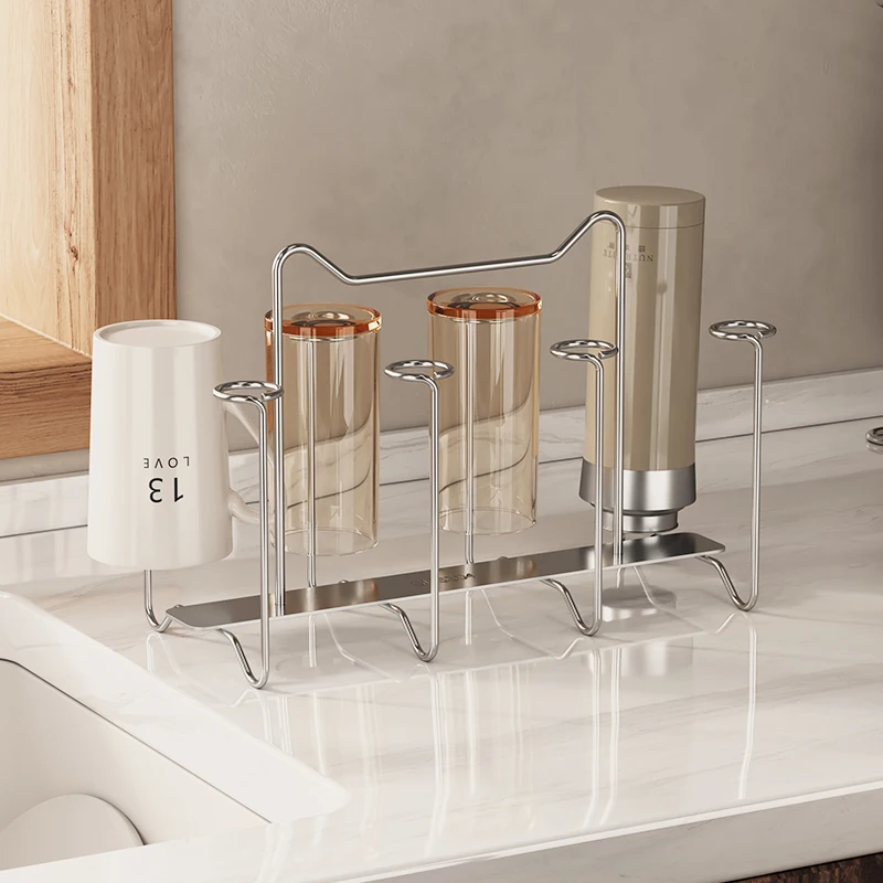 304 Stainless Steel Cup Holder Desktop Inverted Drain Rack Carbon Steel Baking Paint Storage Rack Saves Space Desktop Organizer