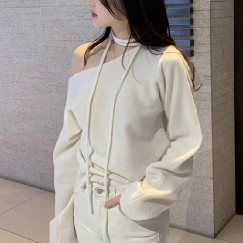 Sexy Pullovers for Women All-match Solid Soft Minimalist Off Shoulder Casual Spring Autumn New Long Sleeve Warm Korean Style Ins