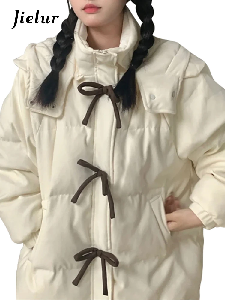 Jielur-Parkas com capuz monocromático feminino, moda coreana, grossa, quente, chique, laço, simples, zíper, casual, inverno, novo
