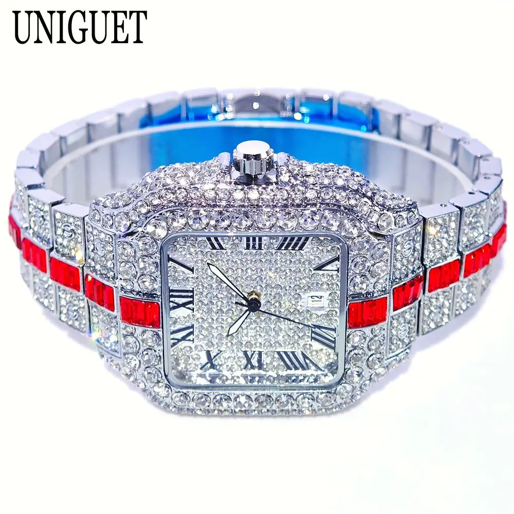 Luxury Red Diamond Watches Men Brand UNIGUET Hip Hop Iced Bling Jewelry Wristwatch Man Fashion Waterproof Square Quartz Clocks