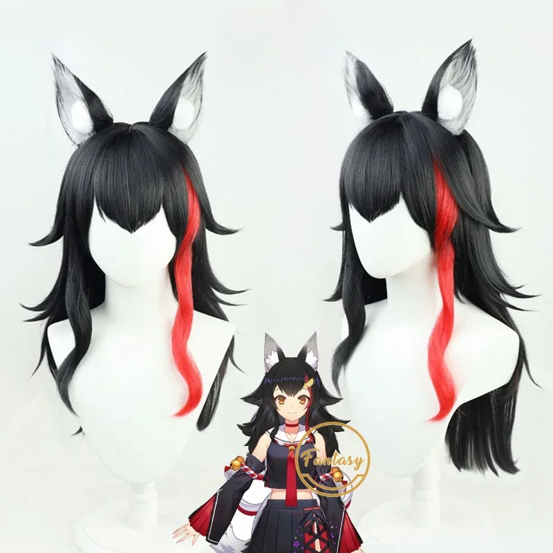 Ookami Mio Vtuber Hololive Cosplay Wig Long Black Curly Synthetic Hair Halloween Costume Party Wigs +  Wig Cap + Ears