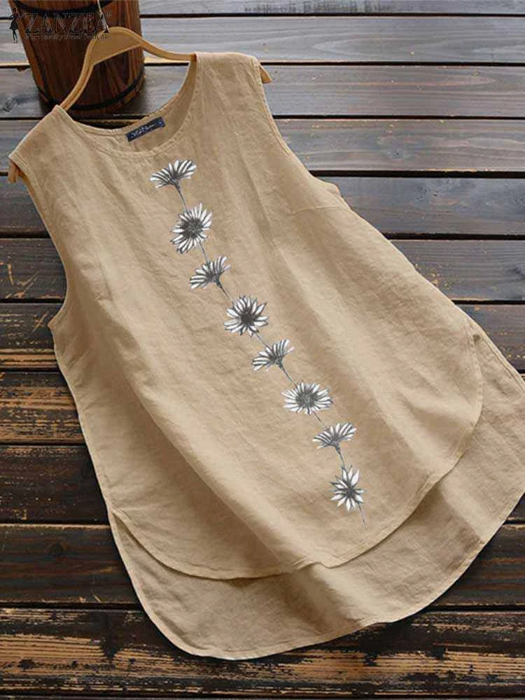 ZANZEA Summer Vintage Sleeveless Floral Printed Tanks Tops Women Casual O Neck Loose Cotton Blouse Female Holiday Beach Blusas