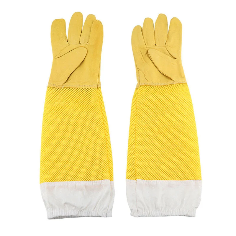 Beekeeping Protective Gloves, Beekeeper Sleeves Breathable Anti Bee Cloth, Apiculture Sheepskin Long Yellow Mesh Gloves 1Pair