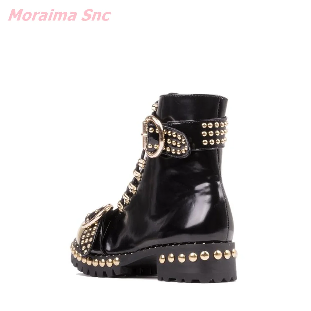 Round Toe Women Cool Boots Genuine Leather Belt Buckle Punk Mid-Calf Fashion Novelty Rivet Square Heel Comfortable Hot Sale