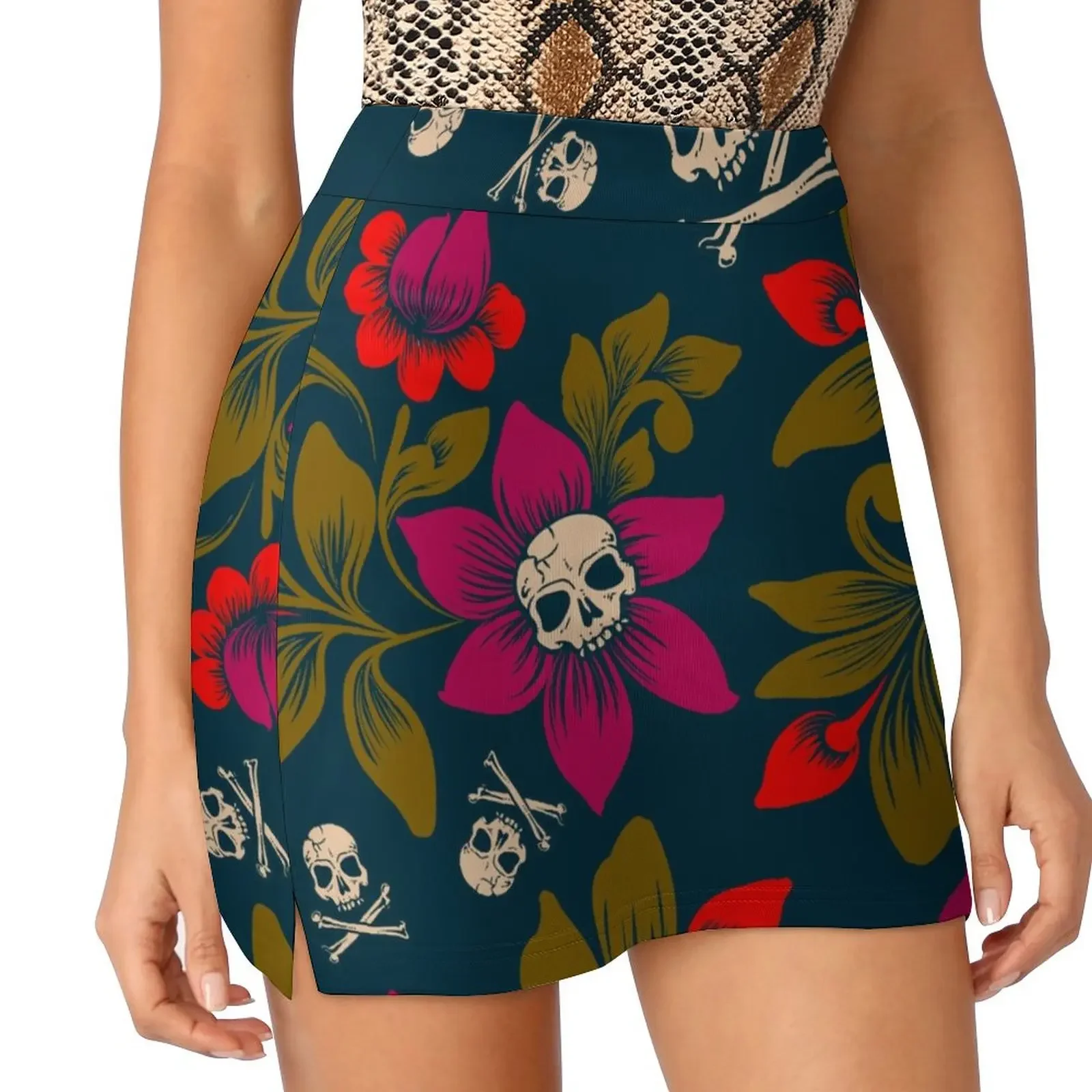 Colorful Skull and cross Death flowers tropical tiki goth floral skull pattern Mini Skirt short skirts for women summer skirts