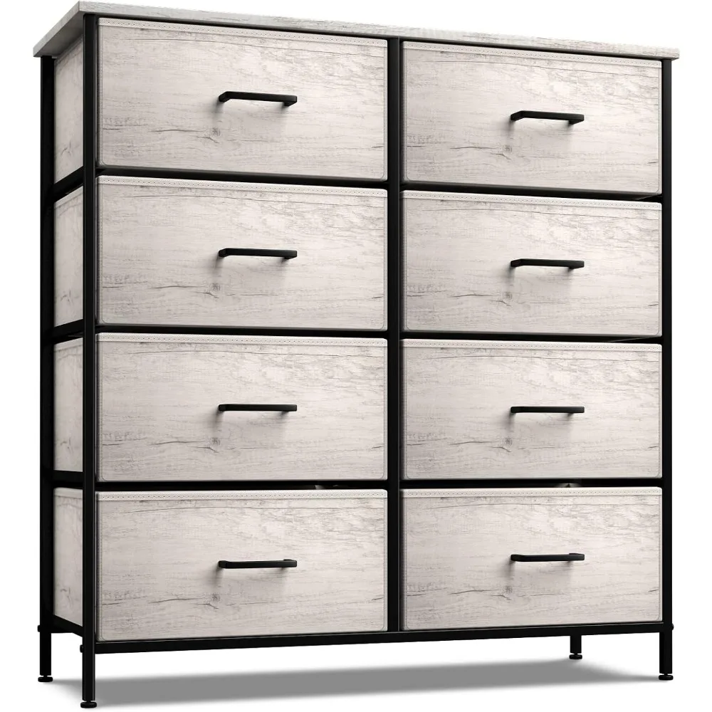 

Dresser with 8 Faux Wood Drawers - Chest Organizer Unit with Steel Frame Wood Top & Handle Easy Pull Fabric Bins for Clothes