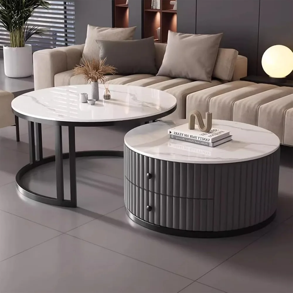 

Round Nesting Coffee Table Set of 2, Black, White, Gray Marble & Metal, 27.5 x 17.7 (Large), 19.7 x 15 (Small),