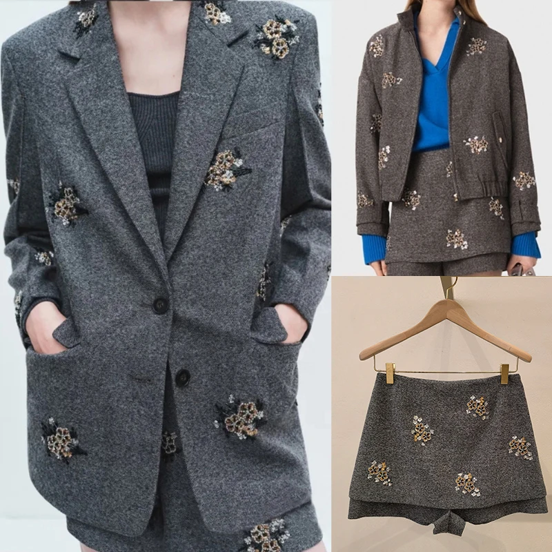 

Grey Single-Faced Wool Green Velvet Flower Sequin Embroidery Suit Pants Women's Fashion Autumn Winter New Arrival Luxury