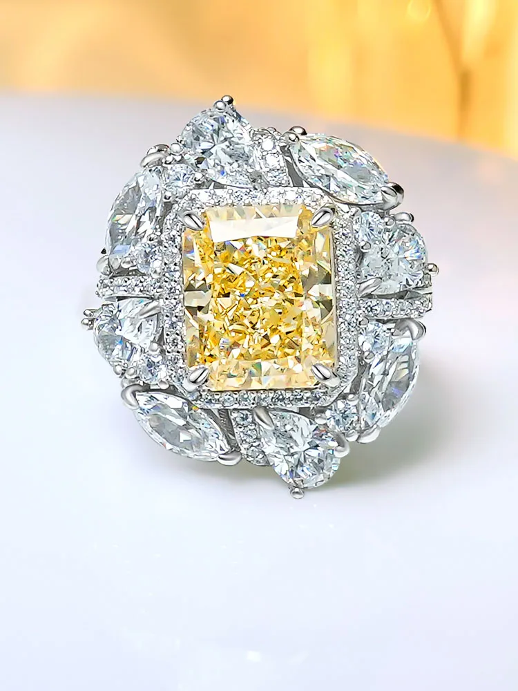 

Fashion jewelry S925 sterling silver rectangular 4-carat women's ring with colorful yellow 9 * 11mm ice cut ring
