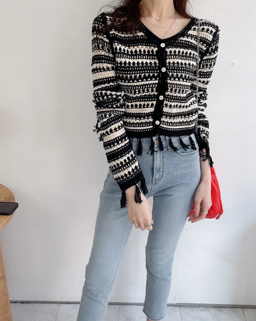 Fringed Striped Crochet Top Long Sleeve Button Front Tassel Open-knit Crop Cardigan Sweater Jacket Women Teengirl Vintage Outfit