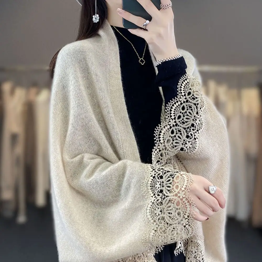 Trendy Women Wool Knitted Shawl Skin Friendly Spring Autumn Lace Edge Scarf Breathable Luxury Brand Design Cardigan Top