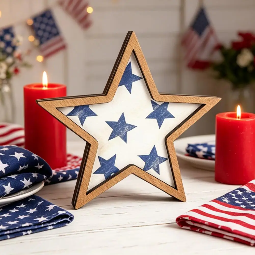 4th of July Rustic Star Wooden Sign, Vintage Star Shaped Block Sign, Patriotic Tiered Tray Centerpiece for Memorial Day, Indepen