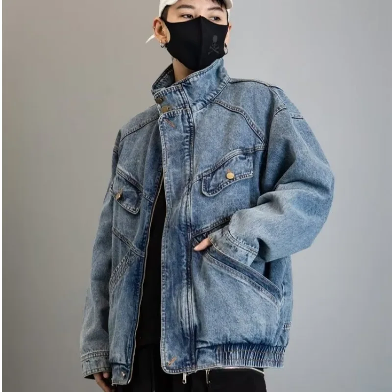 

Denim Jacket Men's Spring Autumn New Loose Design Sense of Standing Collar American Vintage Male Women's Cargo Couple Coat 2023