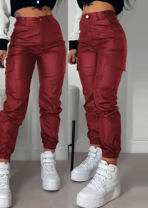 Women's Cargo Pants Fashion Street Trends Pocket Design Cuffed Y2k Tight PU Leather Trousers Autumn High Waist Pant Female