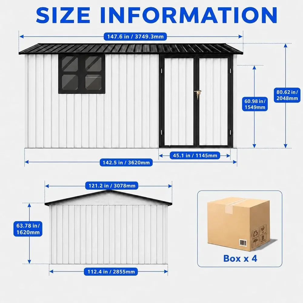 10x12 Outdoor Metal Storage Shed with Window, Door, Worktable & 2 Shelves, Weatherproof Garden Shed in White & Black - view 4