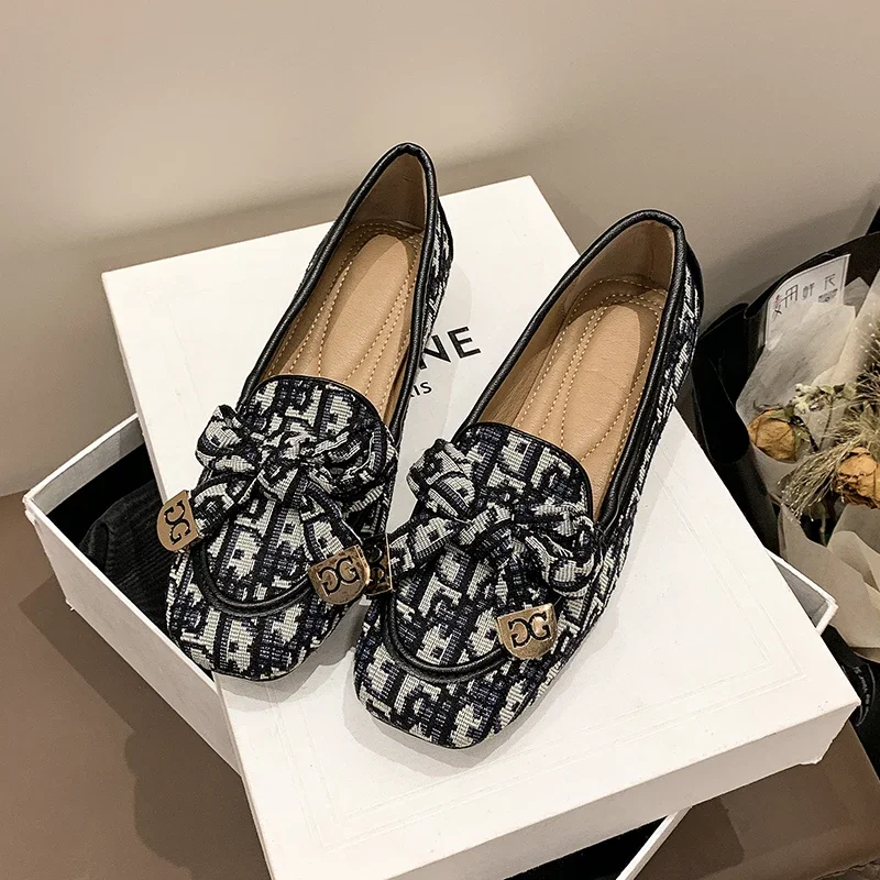 Women Bow Brand Loafers Print Random Square Heels Shoes 2024 Autumn New Fashion Ladies Casual Shoes Luxury Pumps Zapatos Mujer