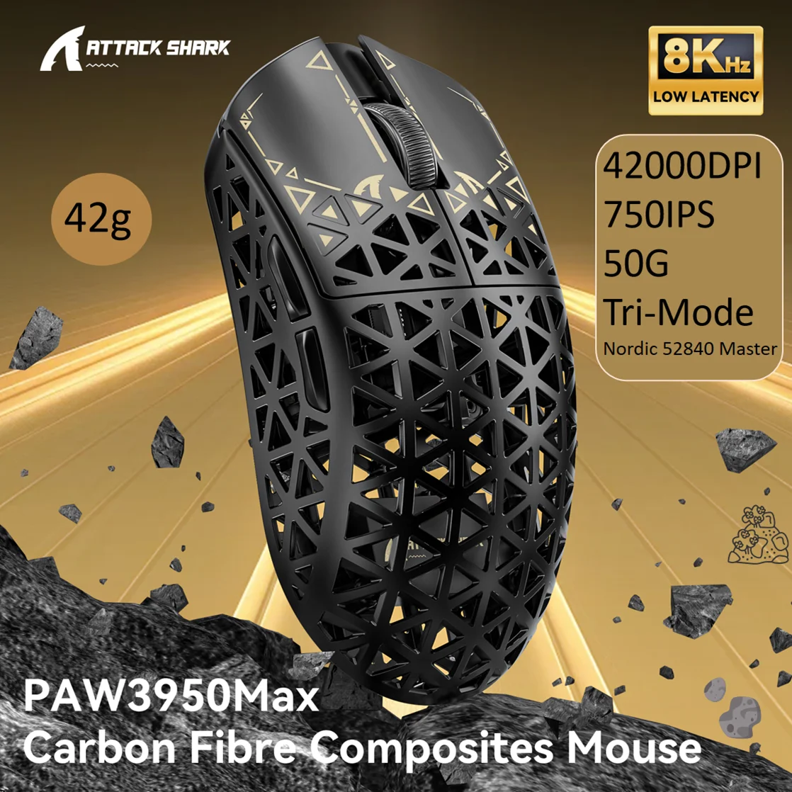 

ATTACK SHARK R5 Ultra Carbon Fiber Composites Mouse,PAW3950MAX Sensor,Nordic 52840 Master, Light but not airborne,Tri-Mode
