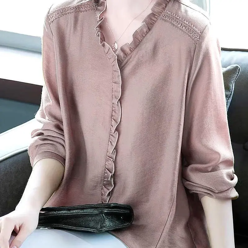 Simplicity Casual Women\'s Long Sleeve Shirt Spring Loose Fashion Spliced V-Neck All-match Solid Color Blouse Female Clothing