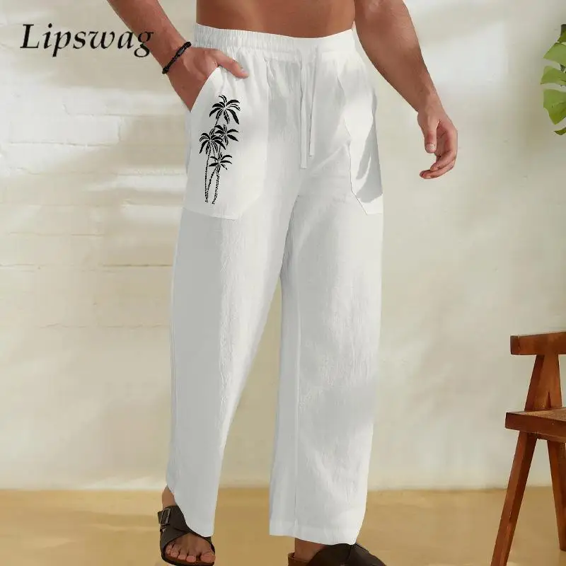 

Vintage Loose Straight Cotton Pants For Mens Autumn Beach Casual Drawstring Trousers Daily Leisure Breathable Men Lace-up Pants