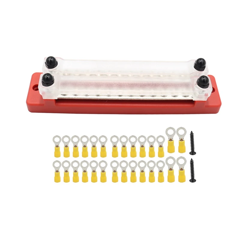 Bus Line High Current Double Row Busbar With Transparent Cover 150A 12-Way Double Row Nylon+Stainless Steel Red