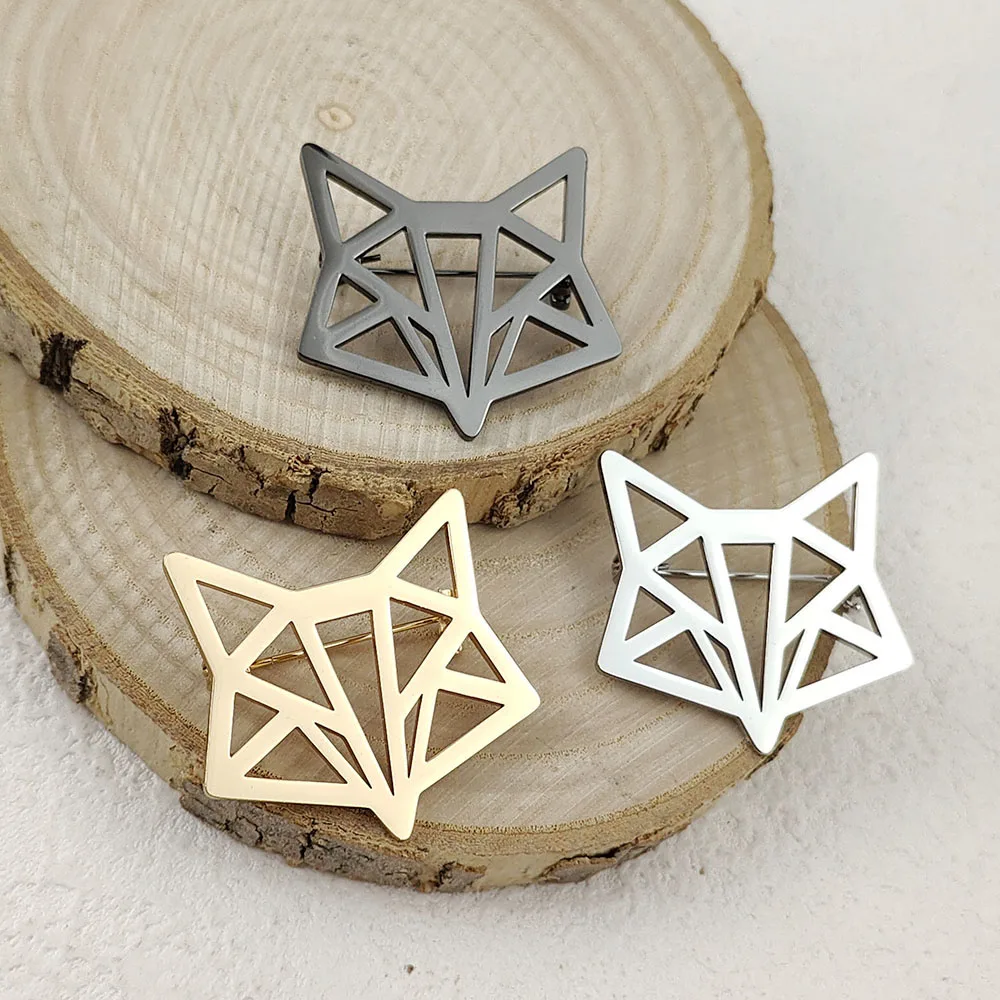 18K Gold‑Plated 316L Stainless Steel Geometric Fox Head Brooch Modern Abstract Animal Badge Stylish Suit Collar Decor Pin