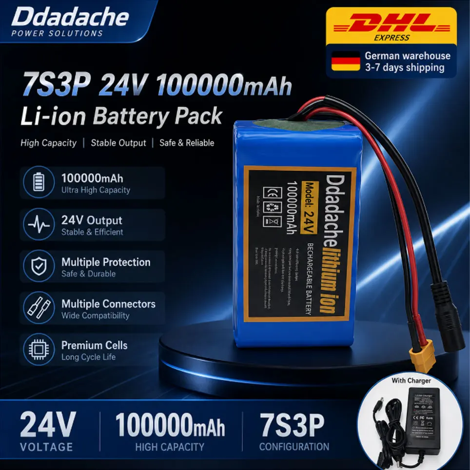 EU-Lager 7S3P 24V 100Ah 18650 Lithium-Ionen-Akku-Pack mit 29,4V 2A Ladegerät, wiederaufladbarer Ersatzakku für E-Bike, Elektrofahrrad, Moped, Roller