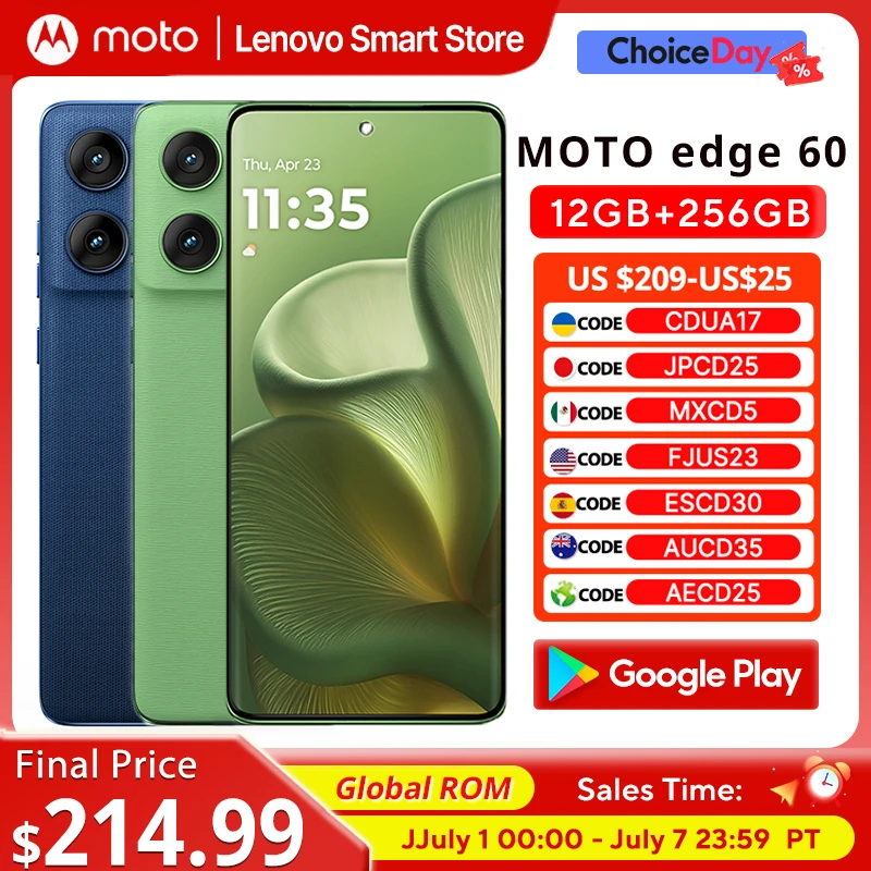 Смартфон Motorola MOTO edge 60 5G, оригинальная глобальная прошивка, 6,7-дюймовый 1,5K 120Гц pOLED-дисплей, MediaTek Dimensity 7400, IP68.